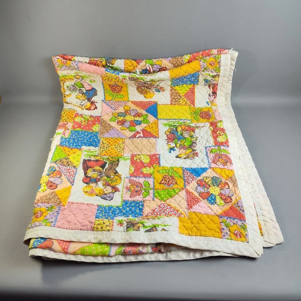 Vintage 1970s Hollie Hobbie Style Patchwork Quilt Blanket Handmade 52x44 Retro